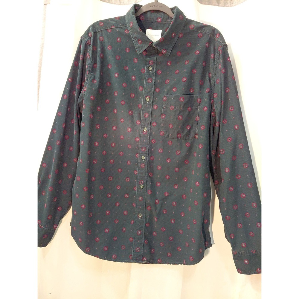 90s American Eagle Button Down Shirt Mens Corduroy Collared Green Print XL